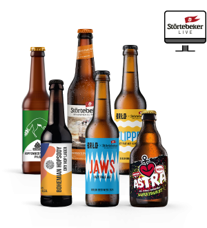 Die Abenteuerbox: Sommerspecial aus der Elphi enthält eine 0,5l-Flaschen Störtebeker Bernstein-Weizen sowie jeweils eine 0,33l-Flasche Hamburg Beerweek Bohemian Hopsody, Bunthaus hopfengestopftes Pils, BRLO x Störtebeker Flipper (alkoholfreies Hazy Pale A